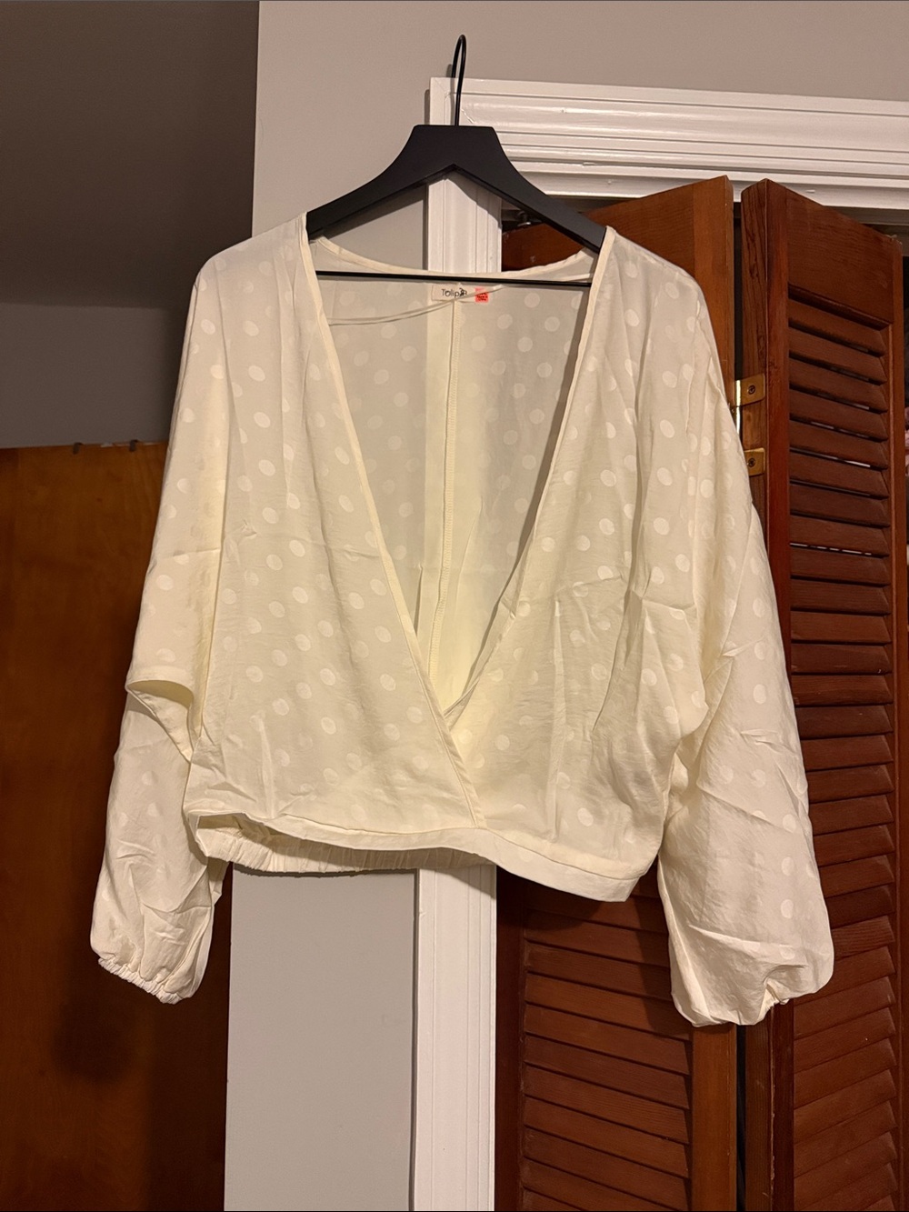 Cream Polka-Dot V-Neck Wrap Blouse
